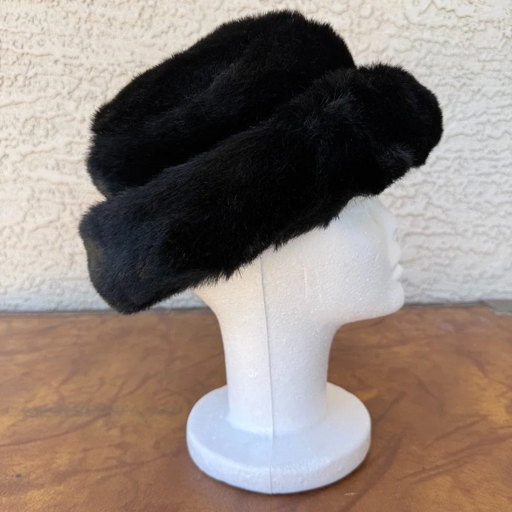 Vintage Faux Fur Bucket Hat Black Winter Soft Fluffy 90s Y2K Style - Picture 4 of 8
